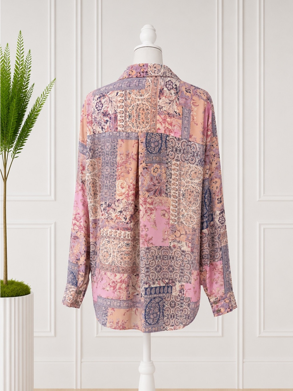 Rose + Olive Patchwork Paisley Button Front Blouse Women’s Long Sleeve - Picture 5 of 6
